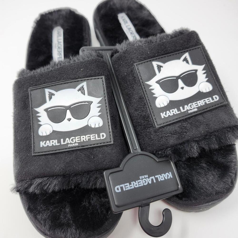 Karl Lagerfeld Black Furry Women's Slippers with Cat Logo Size 9